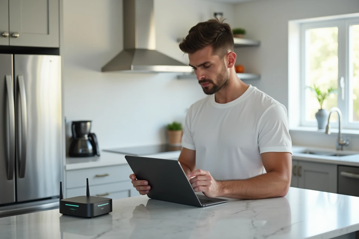 Homme accédant aux paramètres wifi de sa Bbox depuis une tablette