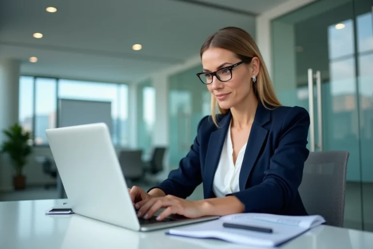 Femme professionnelle accédant à son webmail Bluemind sur un ordinateur portable dans une agence immobilière Laforêt