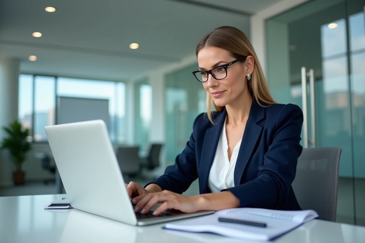 Femme professionnelle accédant à son webmail Bluemind sur un ordinateur portable dans une agence immobilière Laforêt