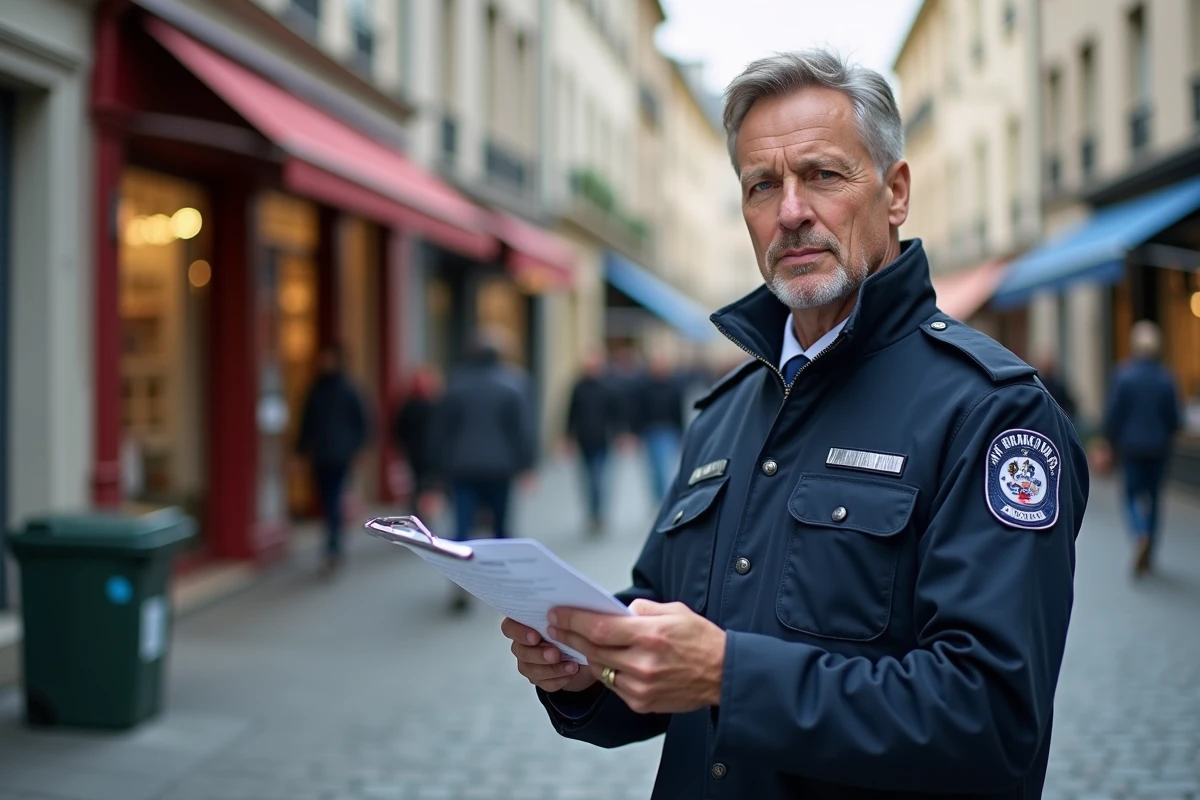 Agent municipal contrôlant la conformité de la distribution de prospectus dans le centre-ville en France