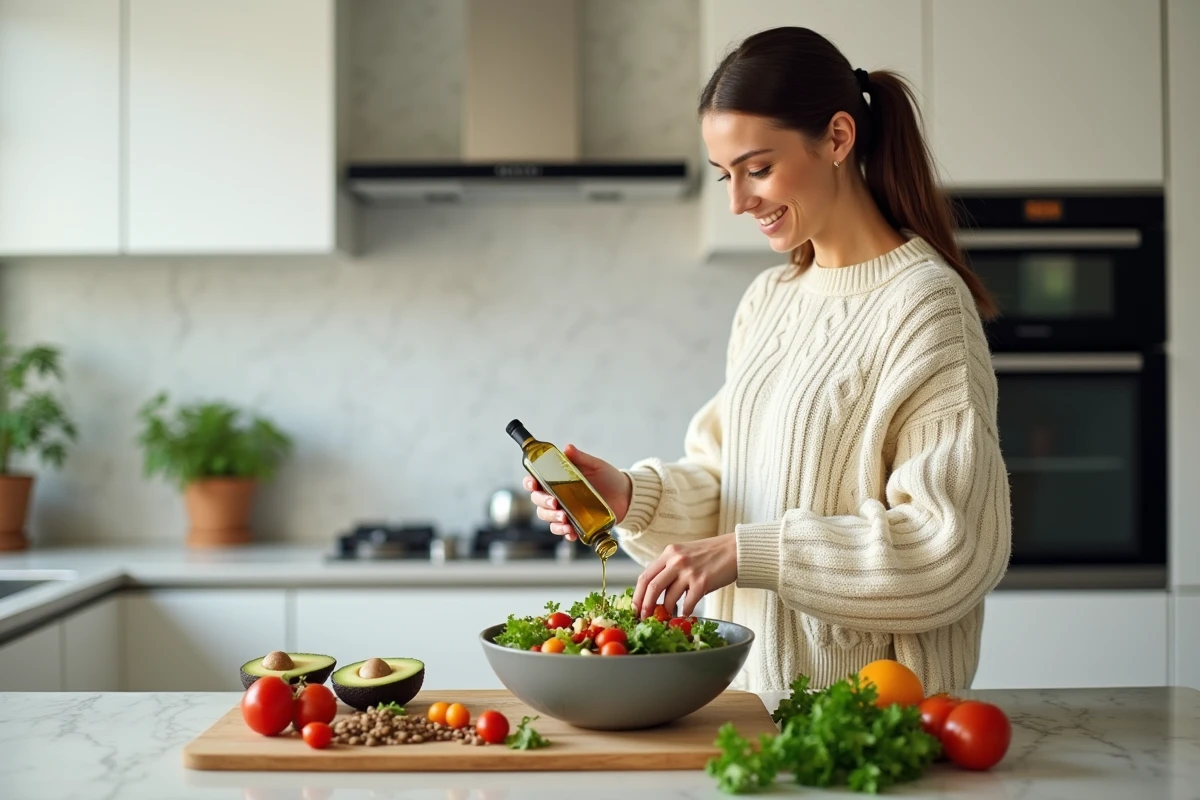 Femme préparant un repas sain et équilibré dans une cuisine moderne comme astuce de bien-être au quotidien