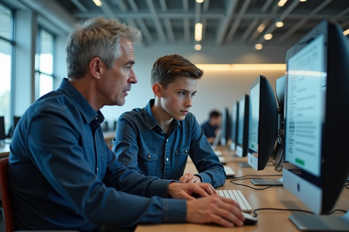Homme adulte et adolescent explorant ensemble des ressources pédagogiques sur Internet dans une bibliothèque publique