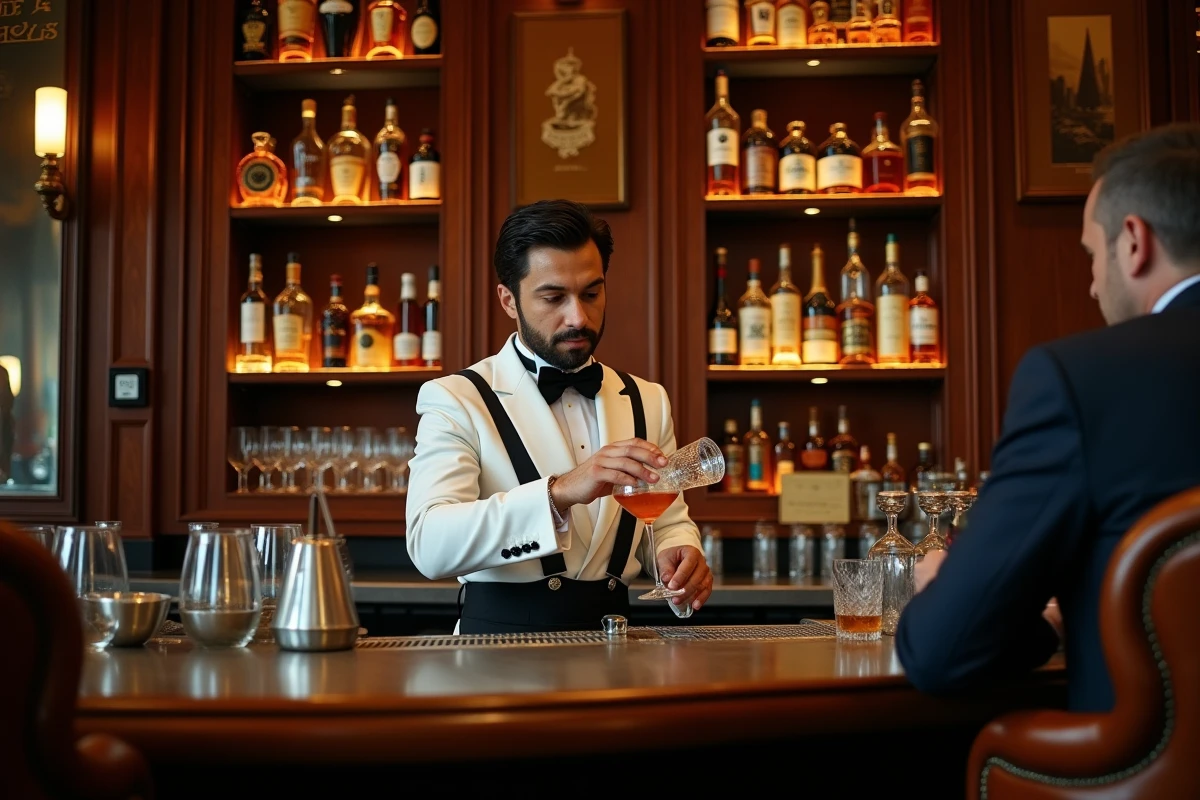 Bar intérieur raffiné du Ritz Paris avec bartender en veste blanche préparant un cocktail classique