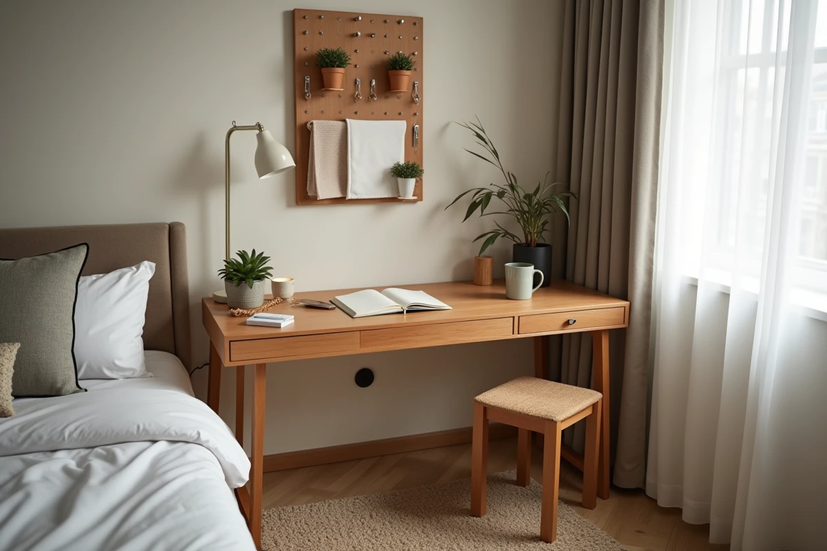 Coin bureau cosy à la maison avec bureau en bois, carnet ouvert, plante succulente et organisateur mural pour un intérieur fonctionnel et décoré