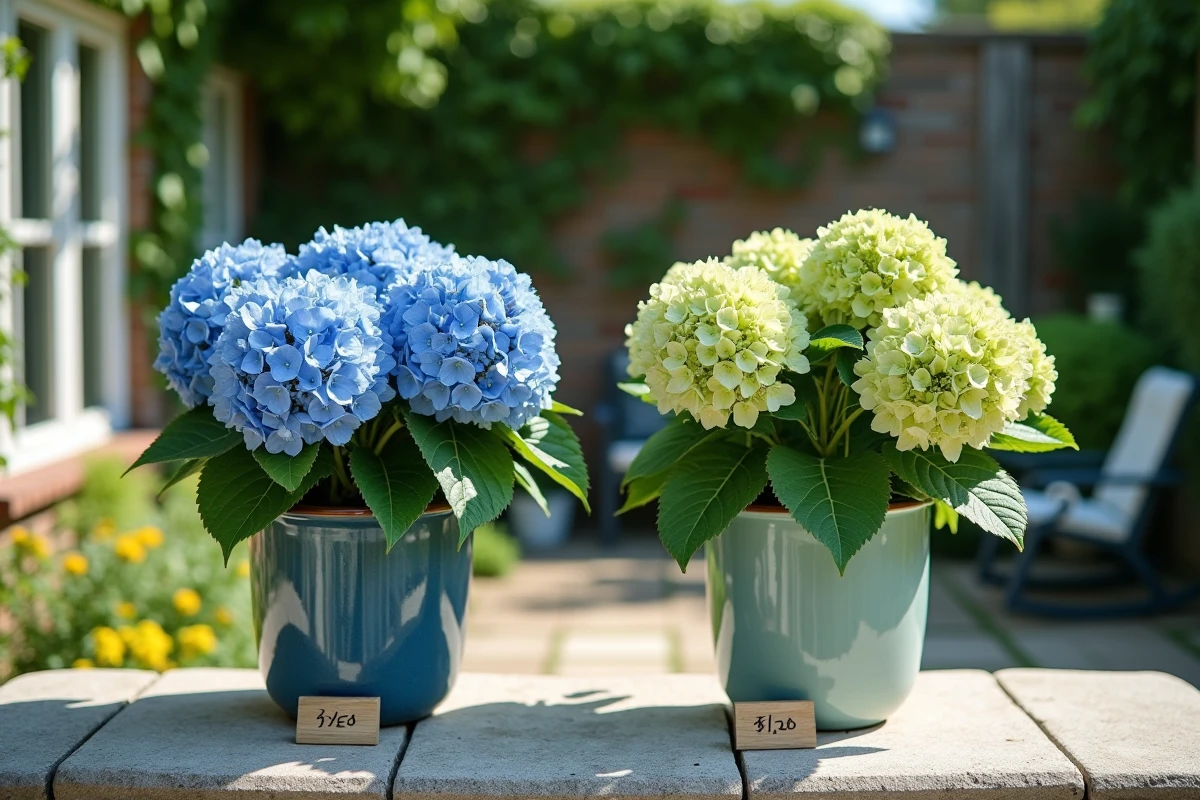 Comparaison de deux hortensias en pot, l'un bleu et l'autre vert, sur une table de jardin en pierre