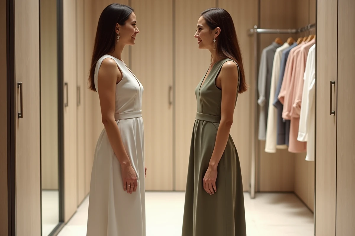 Deux femmes comparant le rendu de la taille M sur deux morphologies différentes dans une cabine d'essayage moderne