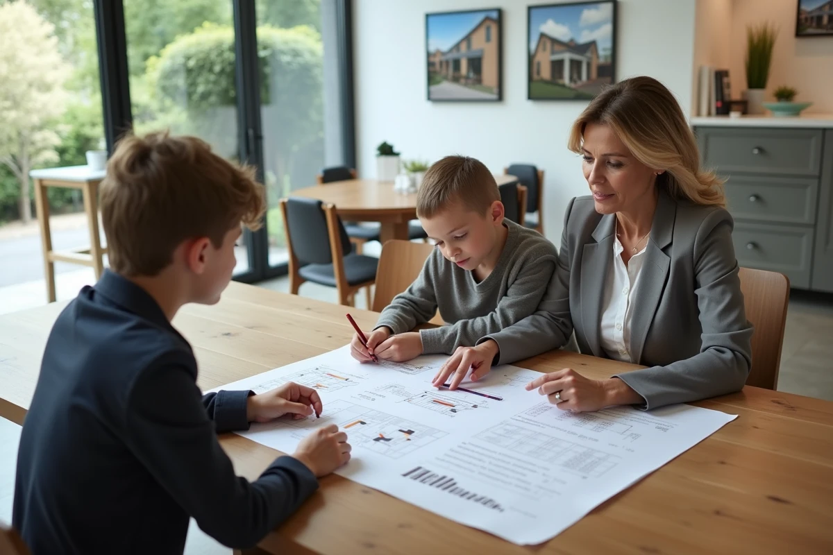 Agent immobilier conseillant une famille sur le choix d'une maison adaptée à leurs besoins et leur budget