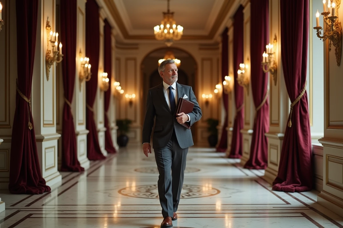 Couloir intérieur luxueux du Ritz Paris avec sol en marbre et manager hôtelier en costume