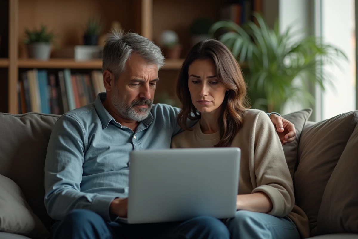 Couple consultant le site de la CAF sur un ordinateur portable pour comprendre les règles du concubinage et des allocations