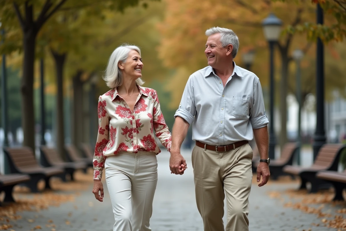 Couple séduisant de 60 ans se promenant sur une promenade urbaine en automne, vitalité et élégance naturelle
