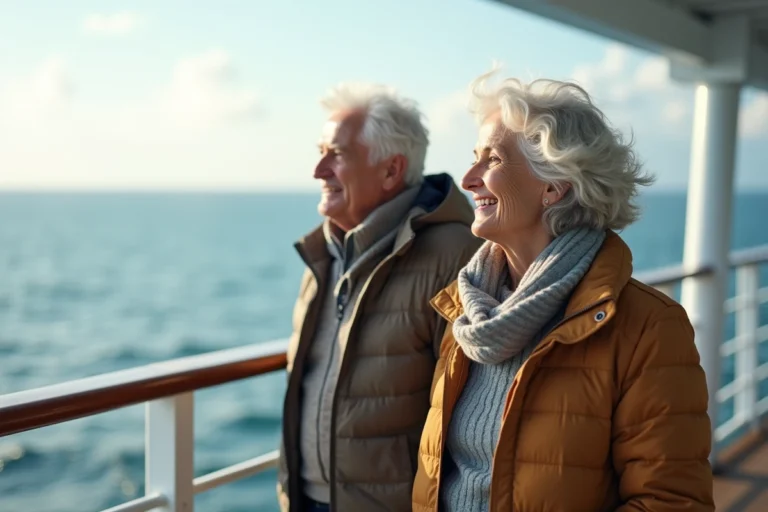 Couple senior souriant sur le pont d'un navire de croisiere