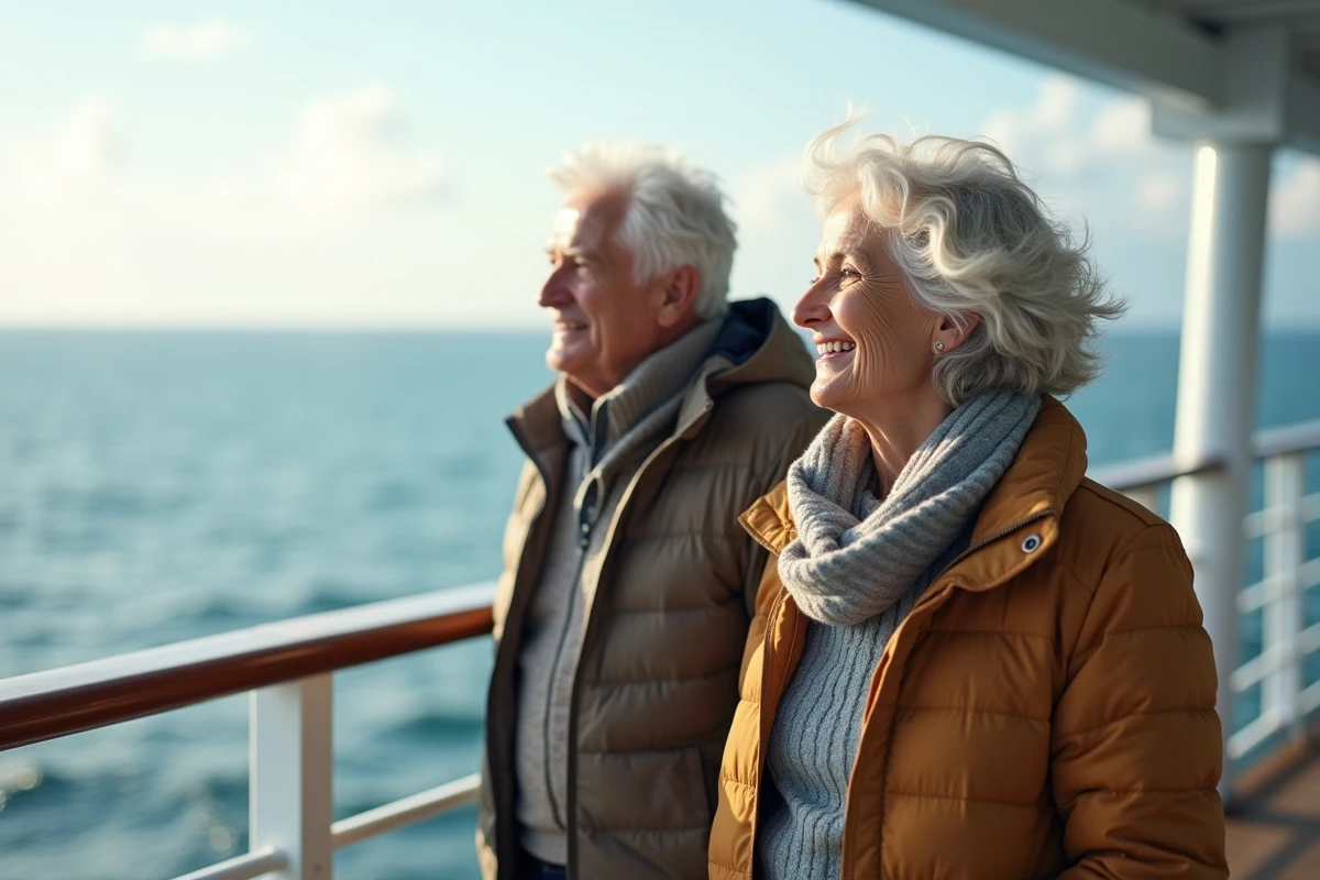 Couple senior souriant sur le pont d'un navire de croisiere