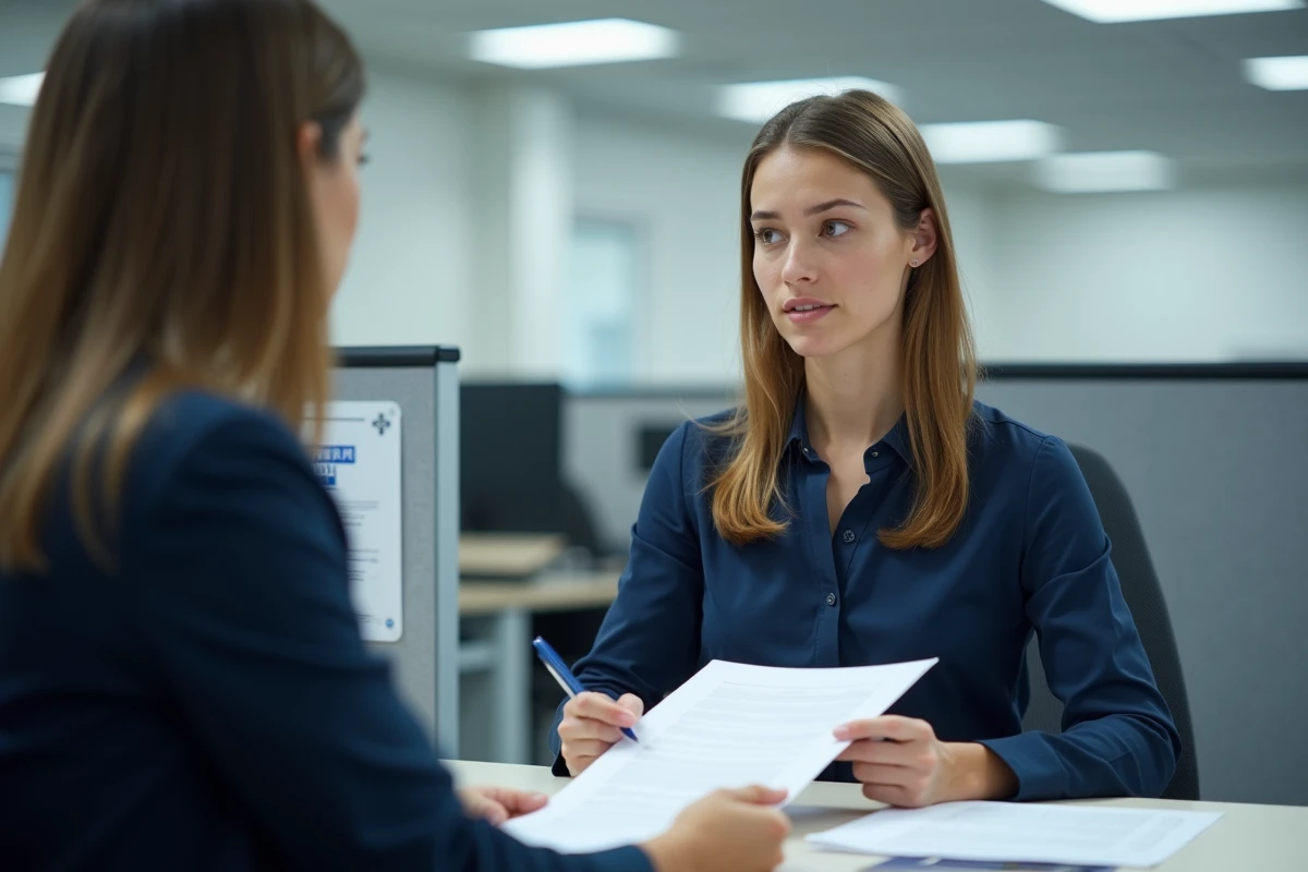 Femme effectuant des démarches administratives pour la rémunération d'un tuteur familial dans un bureau officiel