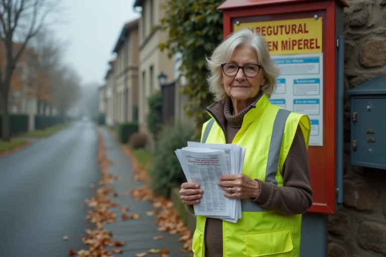 Distributrice de prospectus tenant des flyers non distribués devant un panneau de réglementation municipale en France