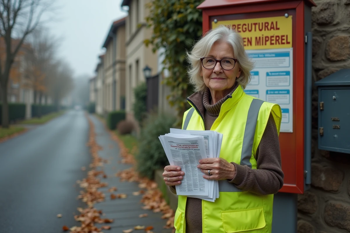 Distributrice de prospectus tenant des flyers non distribués devant un panneau de réglementation municipale en France