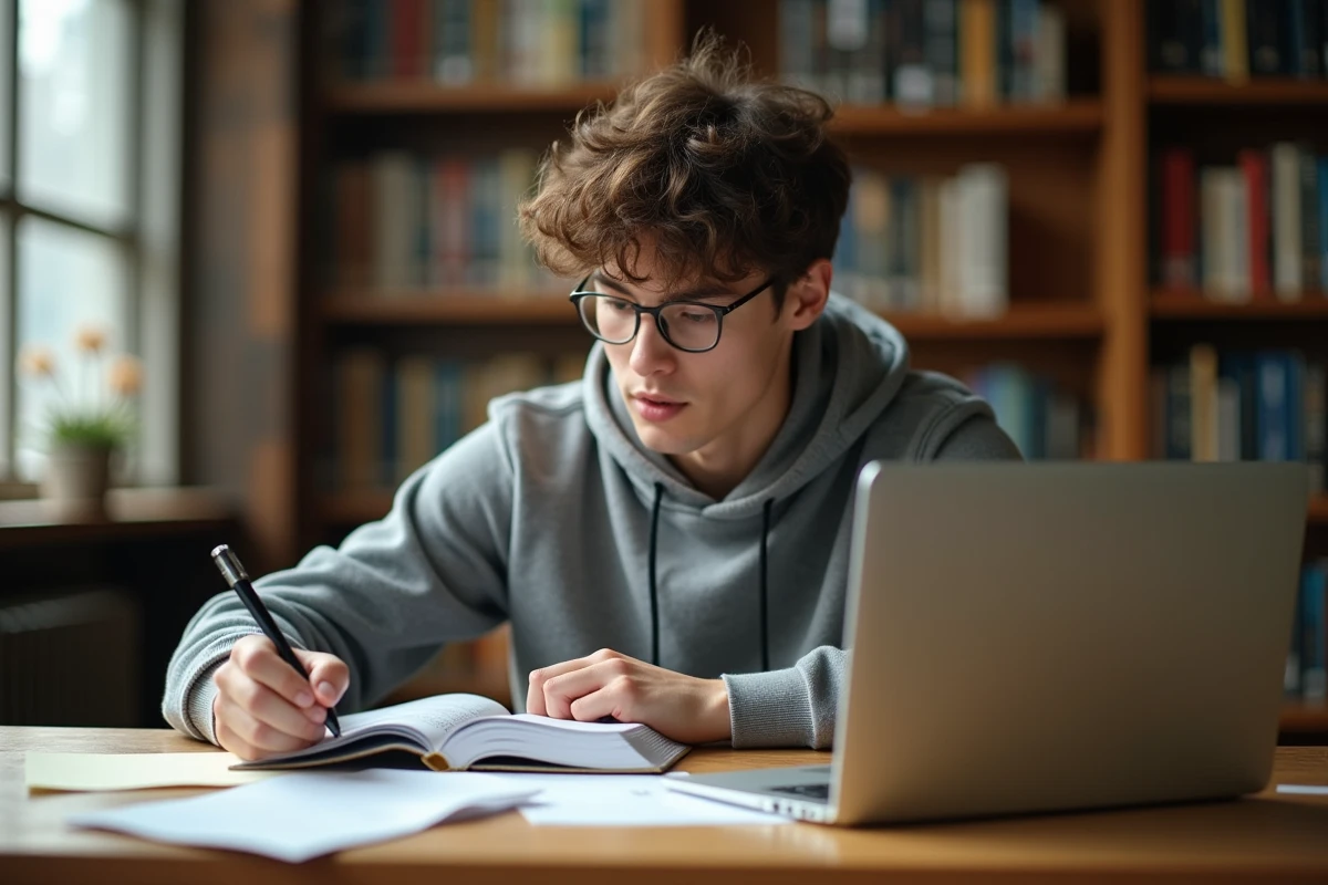 Étudiant en formation parapharmacien révisant ses cours dans une bibliothèque avec des manuels et un ordinateur portable