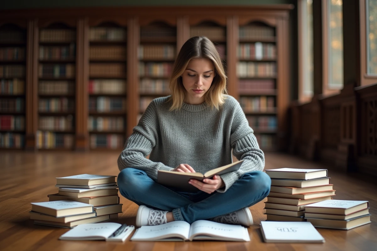 Jeune femme étudiant la différence orthographique entre coordinateur et coordonnateur entourée de livres de grammaire française dans une bibliothèque