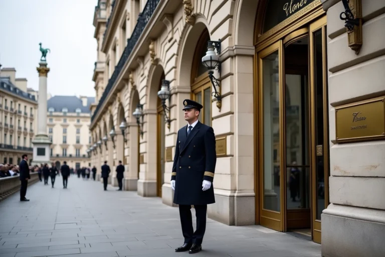Façade historique du Ritz Paris sur la Place Vendôme avec un portier en uniforme devant l'entrée
