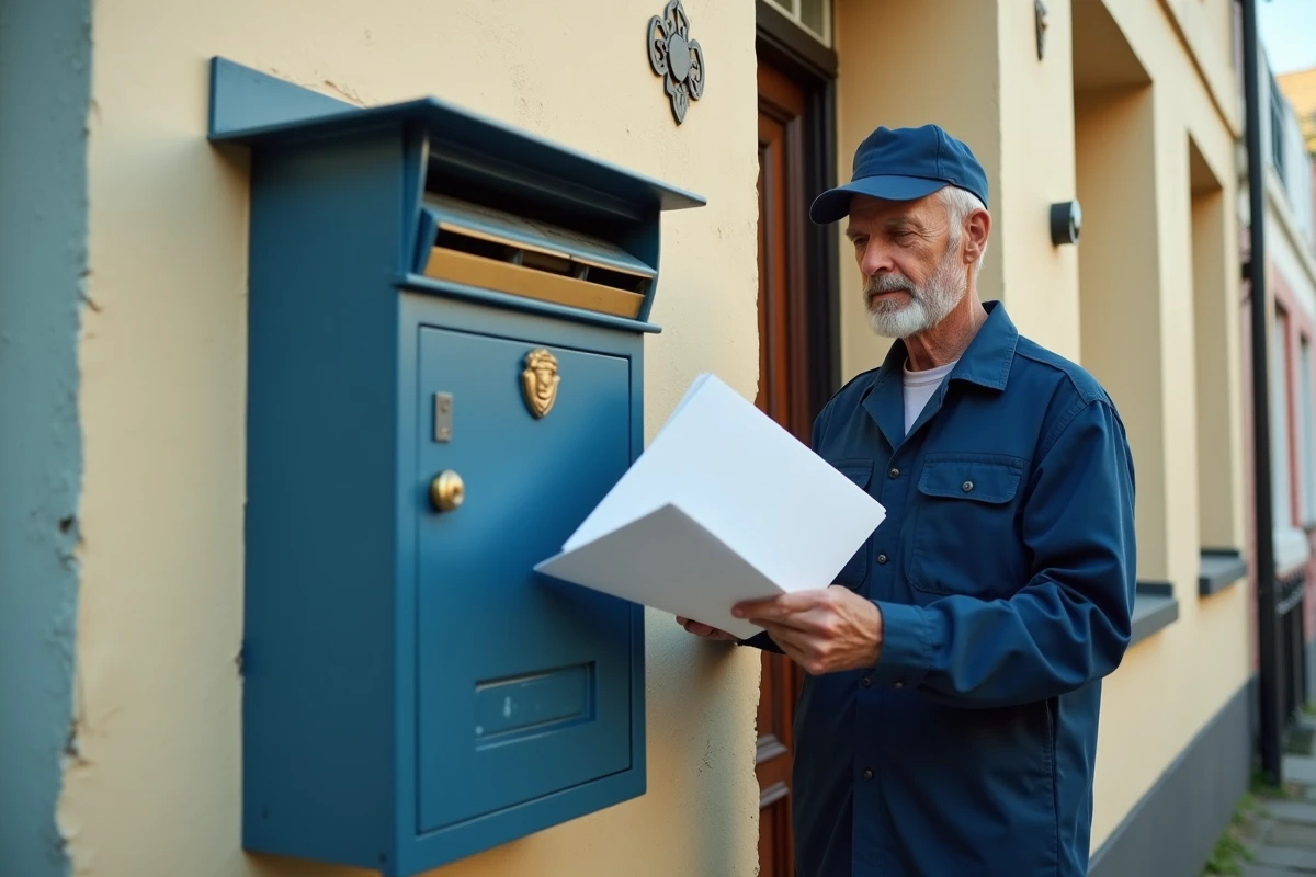 Facteur déposant un courrier officiel de la CAF dans une boîte aux lettres résidentielle, symbolisant la notification de contrôle du concubinage