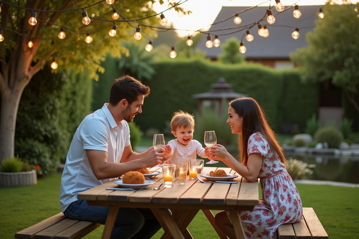 Famille décorant le jardin avec des lanternes