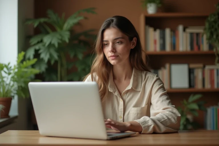 Femme consultant des avis clients en ligne sur un site de mode comme Size depuis son bureau à domicile