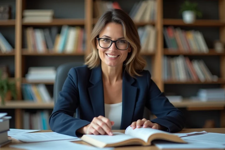 Femme professionnelle consultant un dictionnaire de langue française pour choisir entre coordinateur et coordonnateur dans un bureau moderne