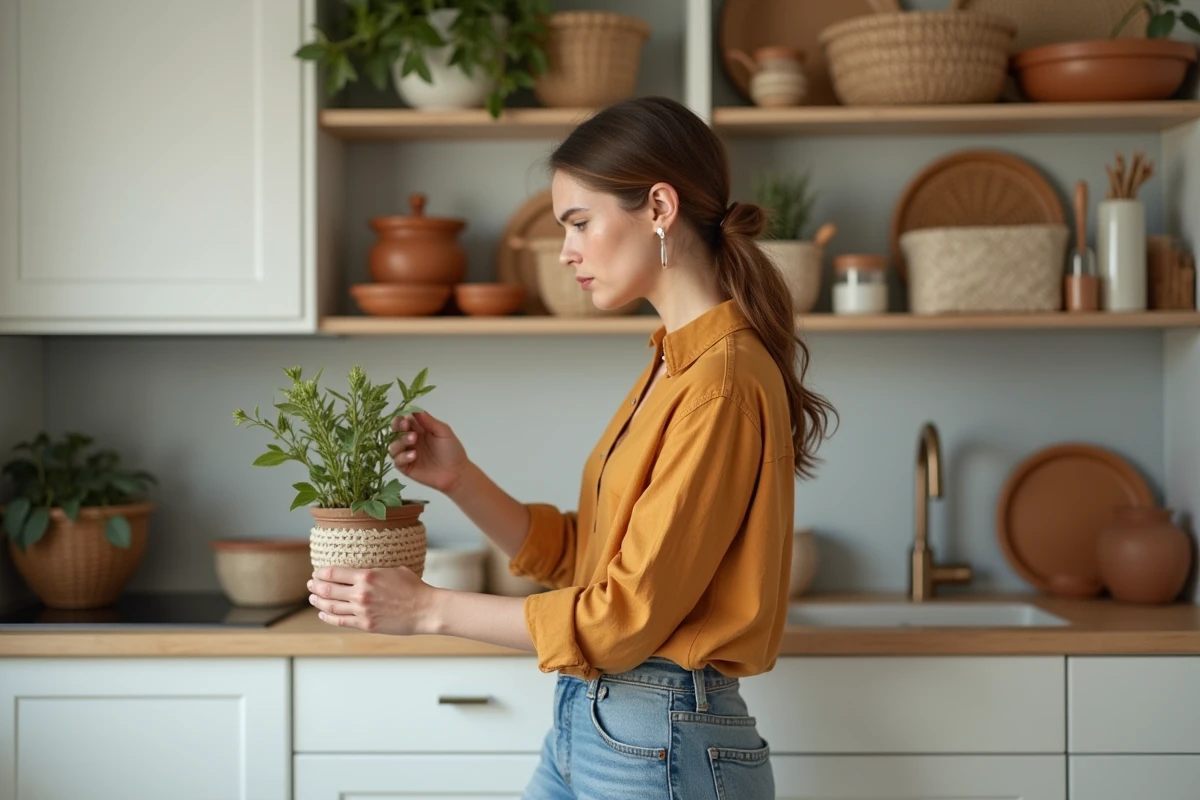 Femme arrangeant des objets décoratifs sur une étagère de cuisine ouverte avec des pots en terracotta et des herbes aromatiques