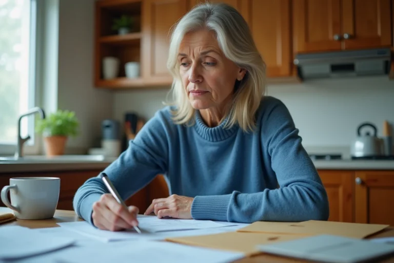 Femme consultant des documents administratifs de la CAF à la table de cuisine, illustrant le contrôle du concubinage