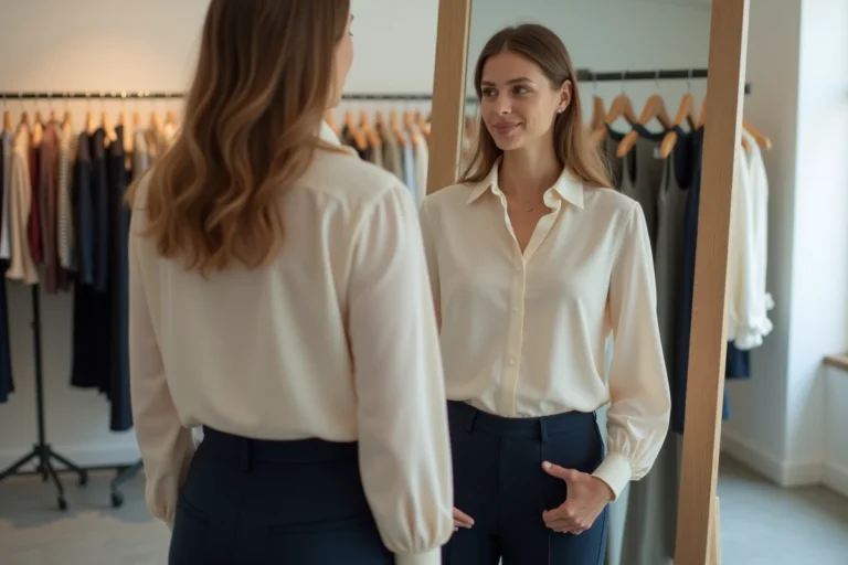 Femme essayant un haut taille M devant un miroir en boutique de vêtements pour vérifier l'ajustement