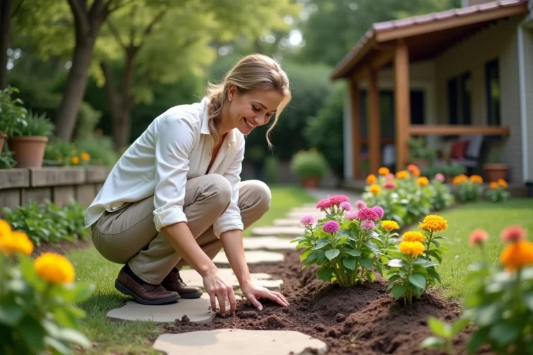 Femme souriante plantant des fleurs dans le jardin