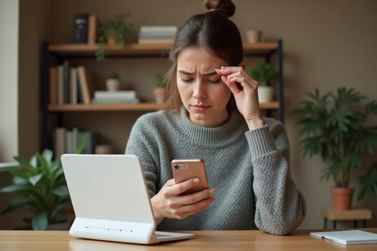 Femme lisant l'étiquette d'une Bbox pour récupérer le code wifi