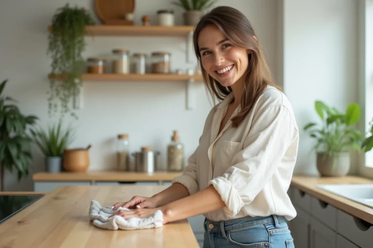 Femme souriante nettoyant une cuisine écologique et moderne