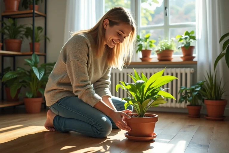 Femme d'âge moyen repotant une plante verte dans un salon lumineux