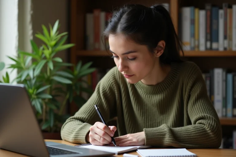 Femme consultant des ressources informatiques sur un ordinateur portable à son bureau à domicile avec des notes manuscrites