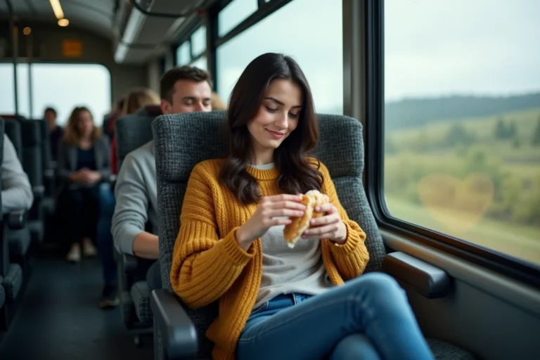 Jeune femme détendue mangeant un sandwich dans un bus