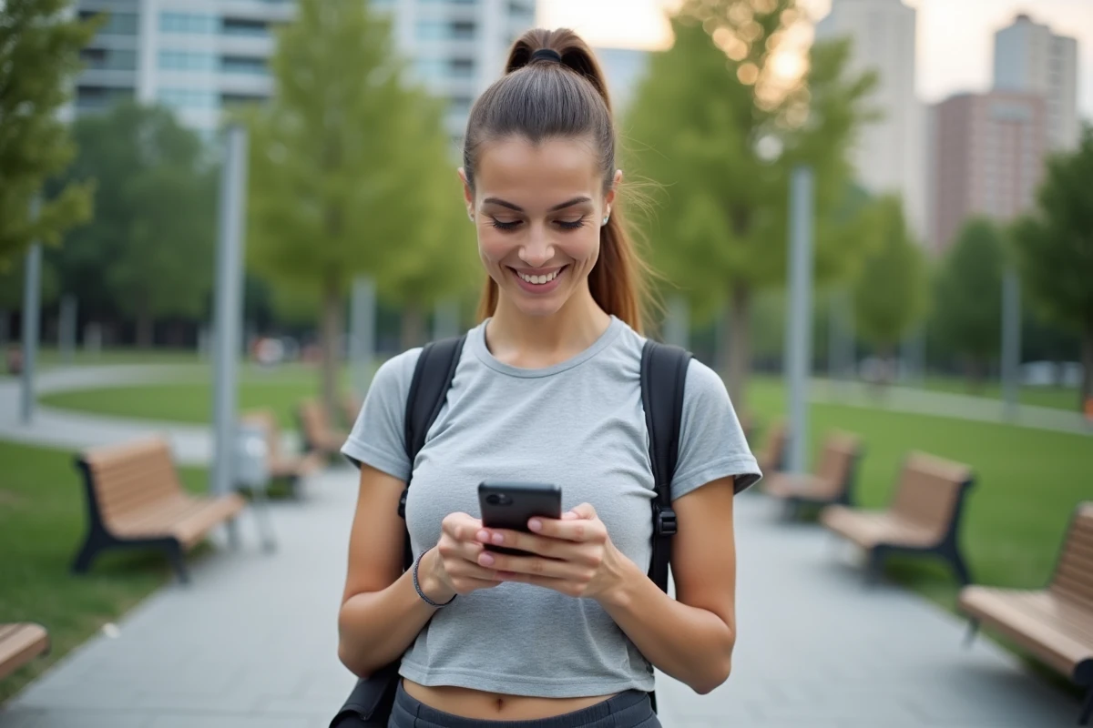 Femme vérifiant les résultats sportifs avec son smartphone en extérieur