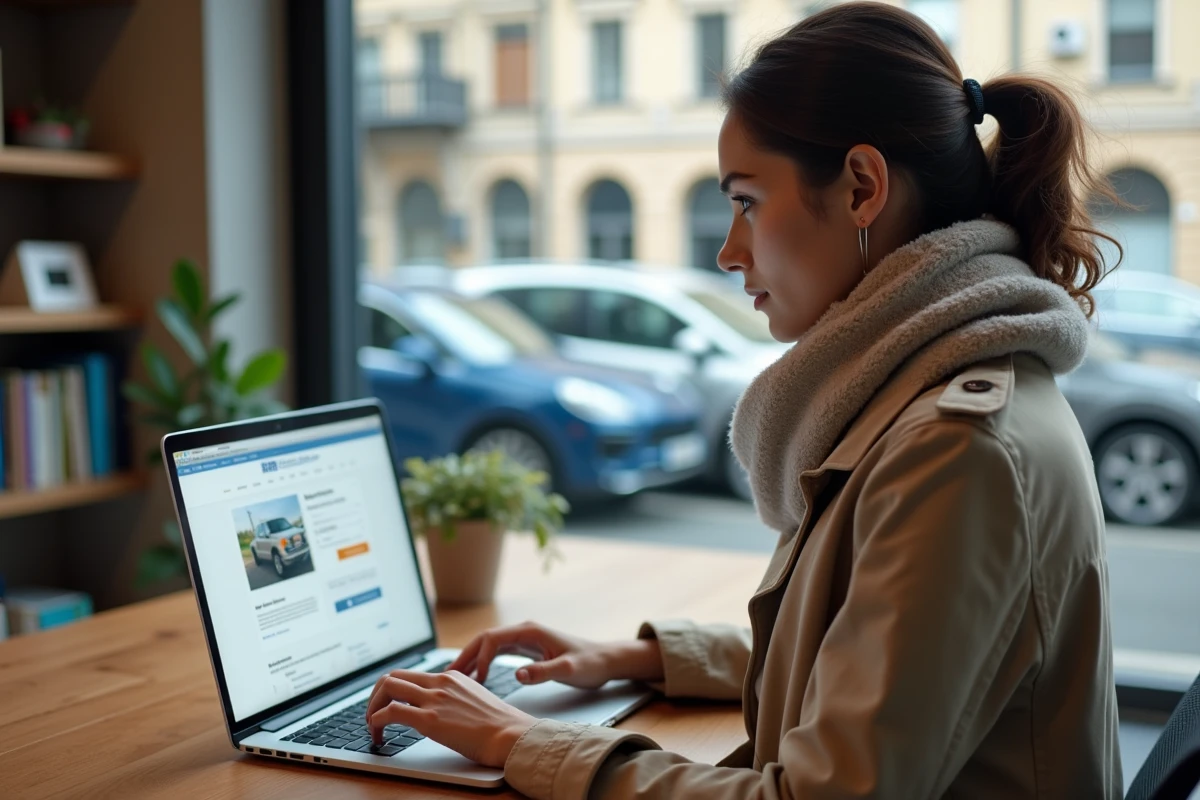 Jeune femme en trench travaillant sur un ordinateur portable