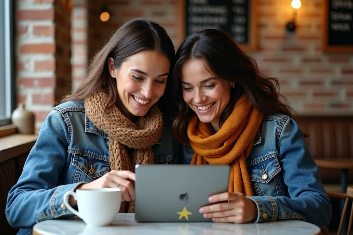 Deux femmes comparant des avis clients sur une tablette autour d'un café avant un achat sur Size