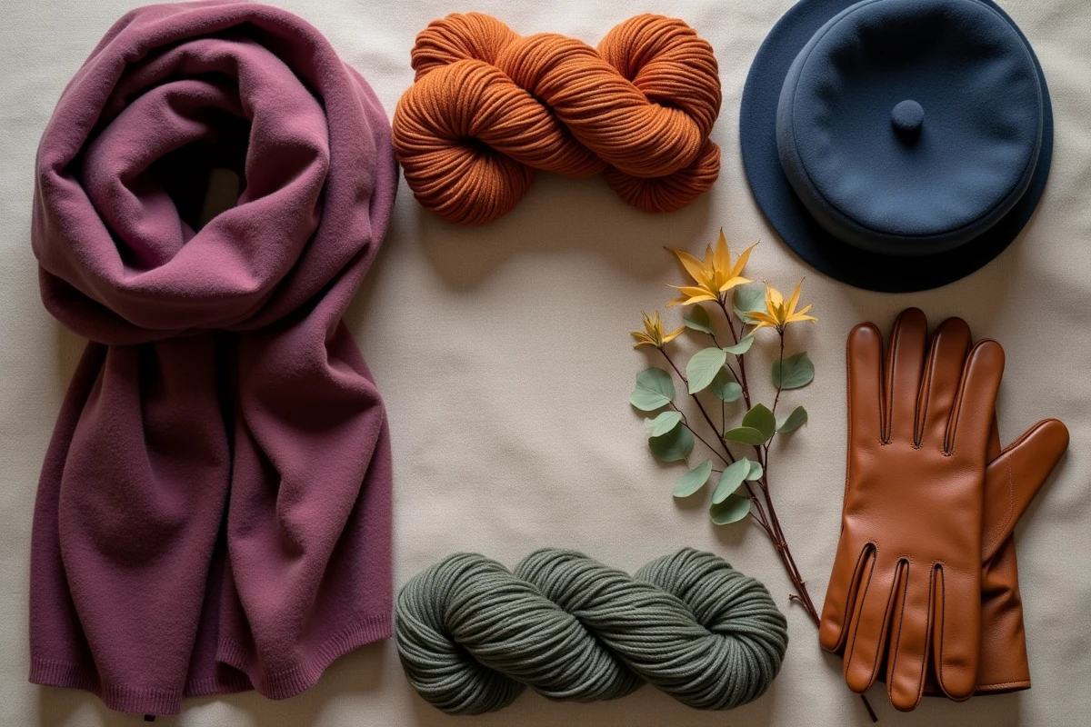 Flat lay d'accessoires de mode automne-hiver 2025 : écharpe prune, gants cognac et béret bleu ardoise sur lin