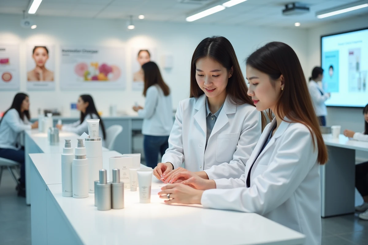 Deux étudiantes en formation parapharmacien pratiquant une démonstration de produits cosmétiques dans un centre de formation professionnelle