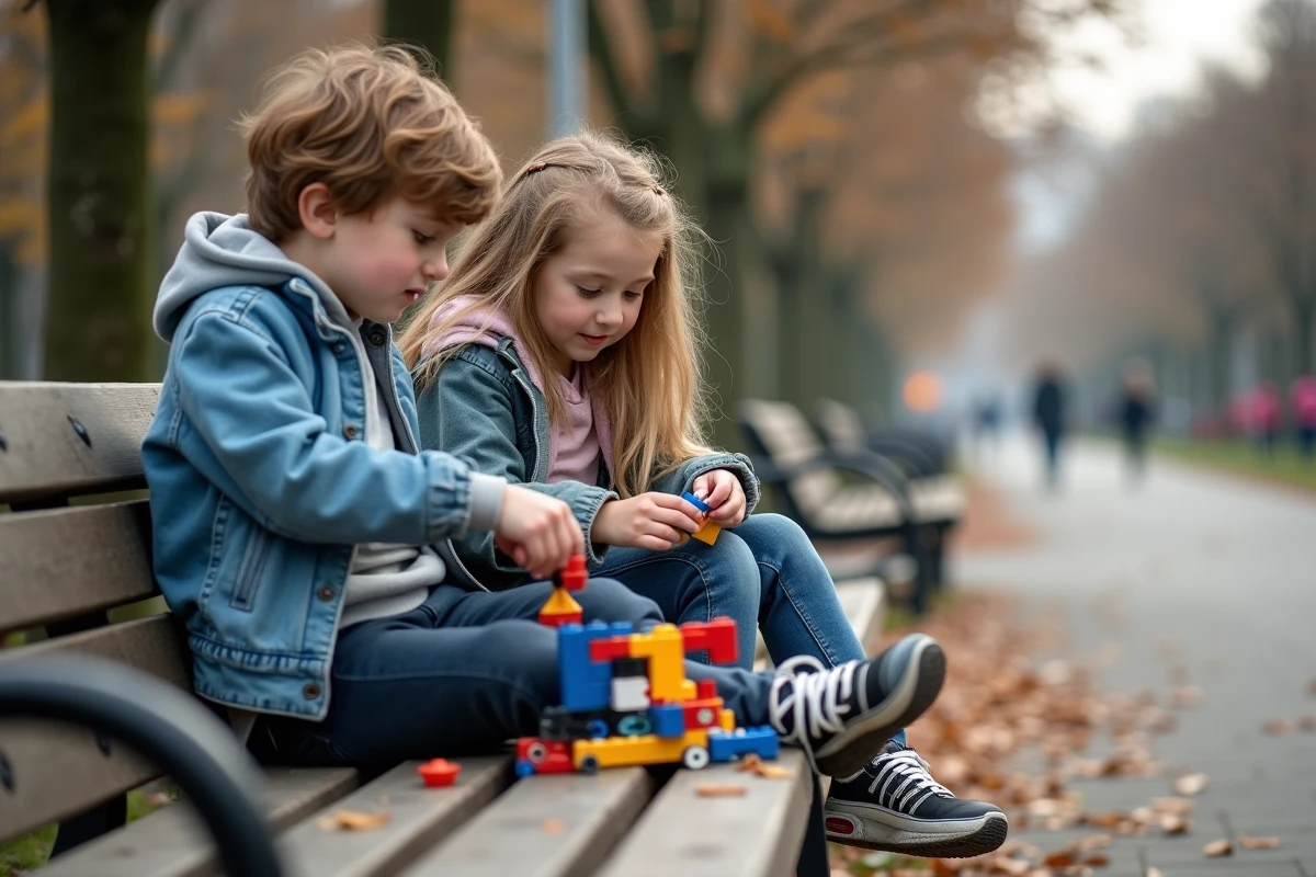 Deux jeunes frères et sœurs construisant un jeu de blocs dans un parc urbain