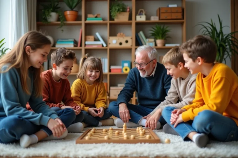Groupe d'enfants et adultes jouant à un jeu de société dans un salon chaleureux