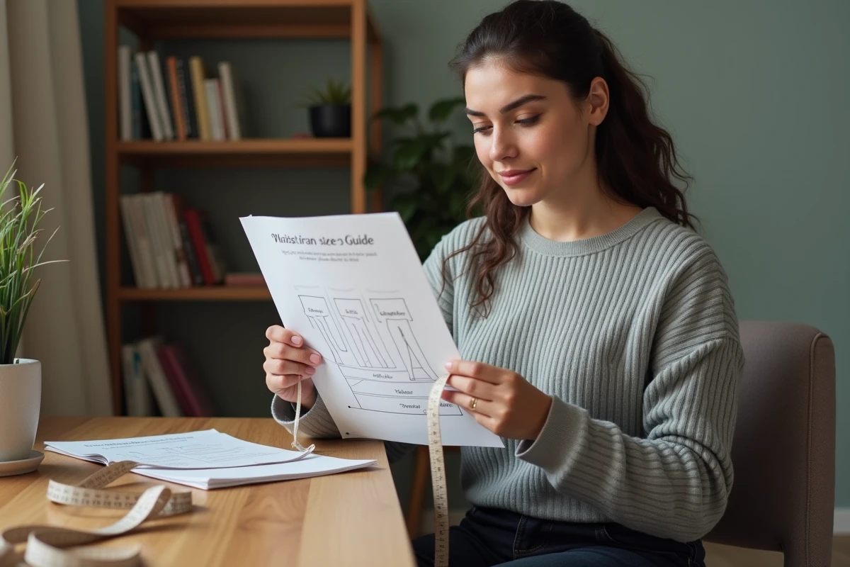 Femme consultant un guide des tailles M avec un mètre ruban à la maison pour choisir la bonne taille
