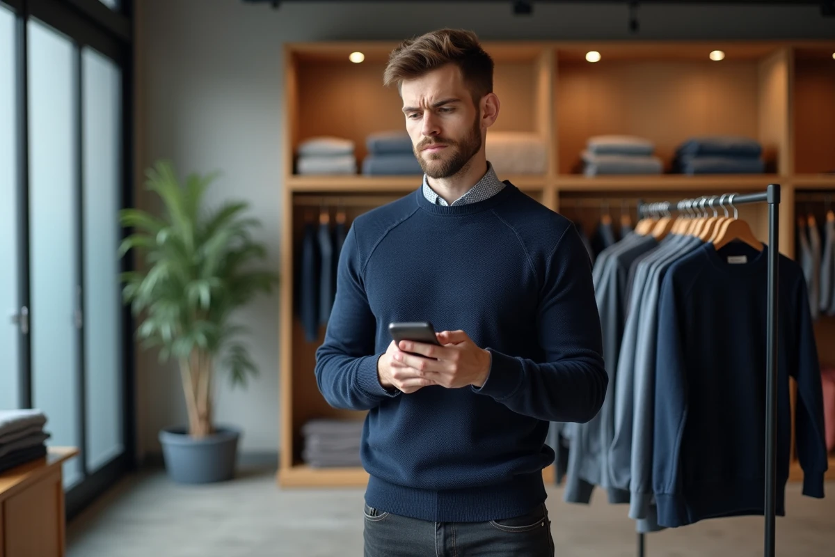 Homme vérifiant les avis clients sur son smartphone dans une boutique de vêtements