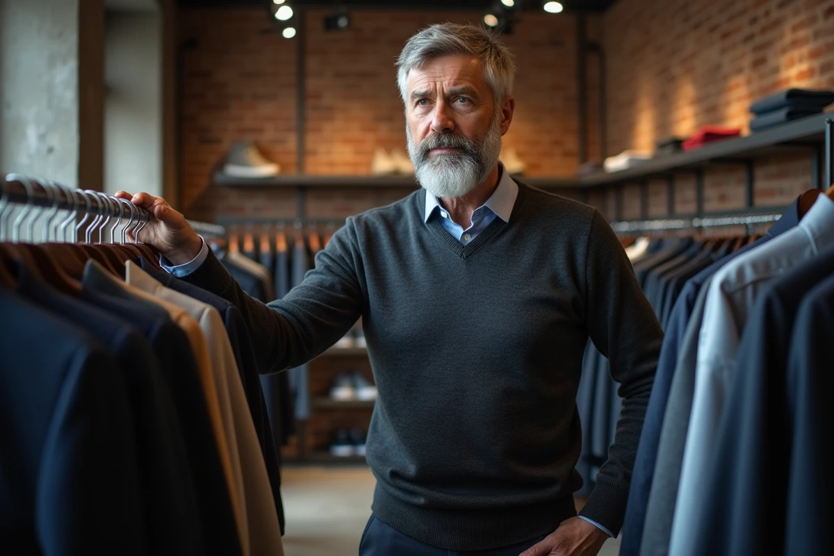 Homme distingué de 65 ans faisant du shopping dans une boutique moderne, soigner son style après 60 ans