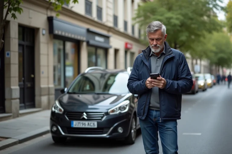 Homme d'âge moyen regardant son smartphone dans la rue