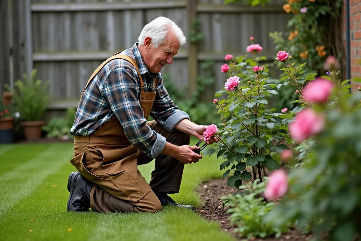 Homme âgé taillant un rosier dans un jardin verdoyant