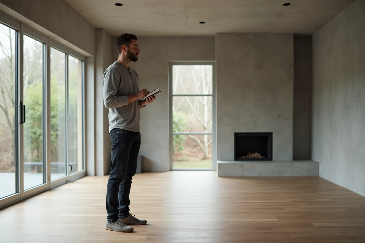 Homme évaluant l'intérieur d'une maison vide avant de prendre une décision d'achat immobilier