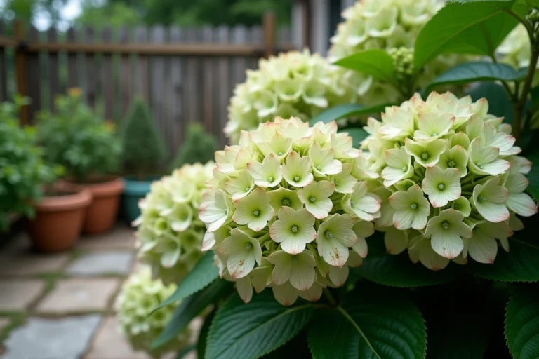 Hortensia aux fleurs vertes dans un jardin de cottage français, avec des pétales légèrement rosés sur les bords