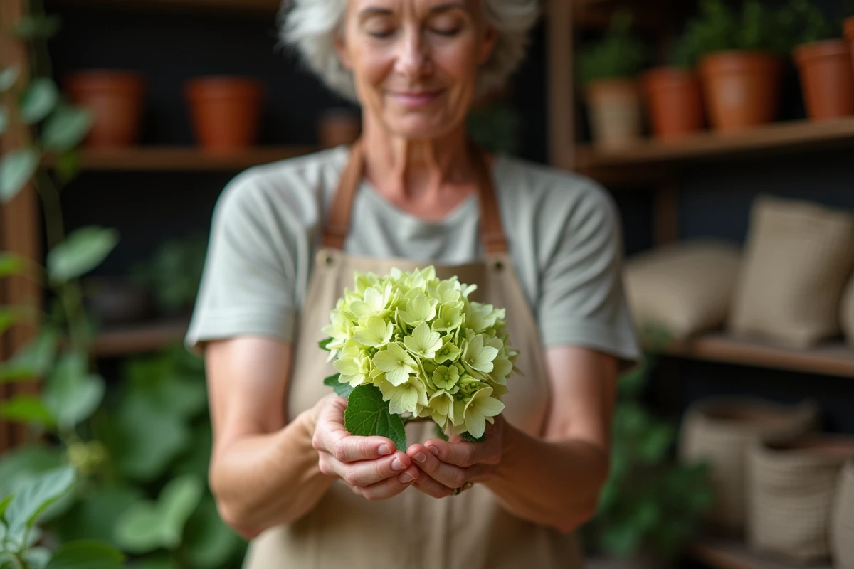 Femme jardinière examinant une fleur d'hortensia verdâtre dans une remise à outils rustique